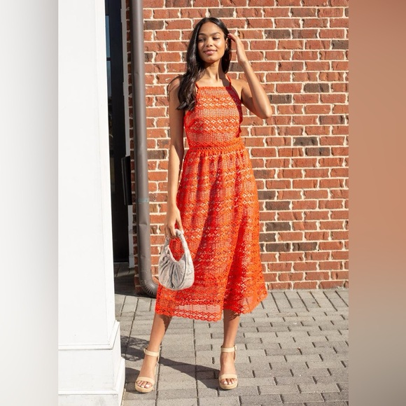 Adelyn Rae Alana Crochet Lace Midi Dress - size small -NWT-mandarin red/stunning - Picture 12 of 16